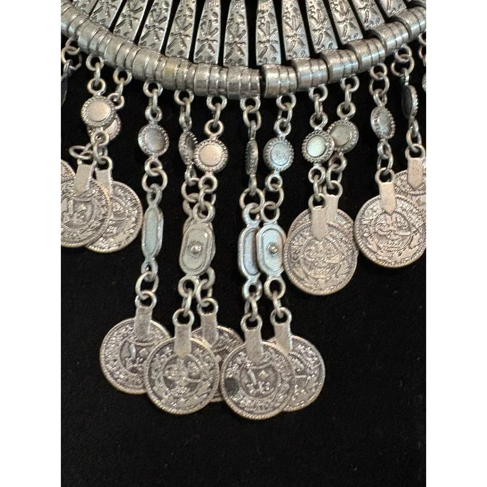 Bohemian Tribal Style Statement‎ Bib Necklace Silver Tone Arabic Coin Accents